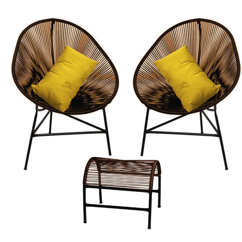 Kit 2 Poltronas com Puff Acapulco Plus Área Externa Fibra Marrom e Almofada Sintético Amarelo - Ahazzo Móveis