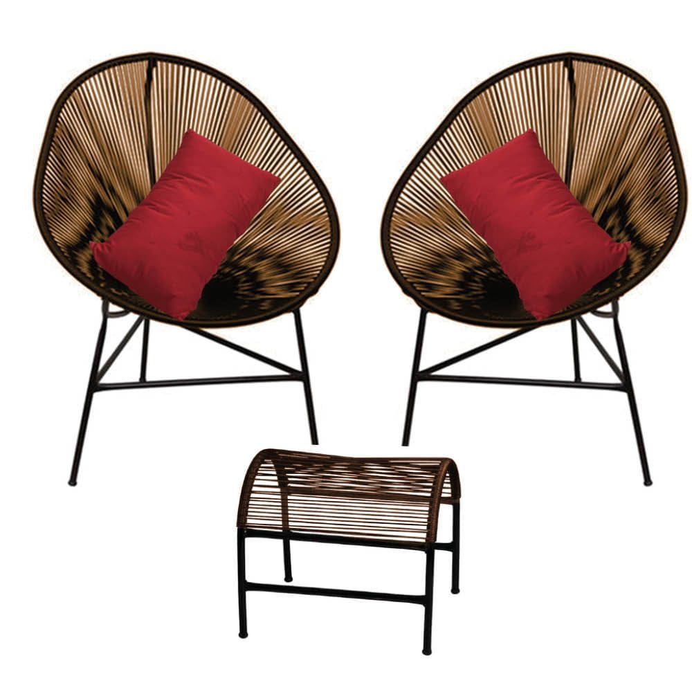 Kit 2 Poltronas com Puff Acapulco Plus Área Externa Fibra Marrom e Almofada Corino Vermelho - Ahazzo Móveis