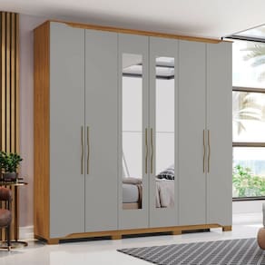 Guarda-Roupa Casal Bélori 6 Portas 4 Gavetas com Espelho Nature/Cinza - Henn