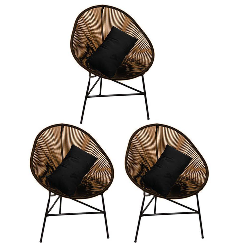 Kit 03 Poltrona Cadeira Acapulco Plus com Almofada Quadrado Marrom Suede Preto - Ahazzo Móveis
