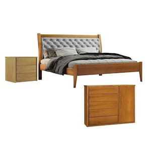 Conjunto Cama Casal 140cm Vivare, Cômoda 5 Gavetas Unique e Mesa de Cabeceira Unique Amêndoa Mel/Cinza Claro
