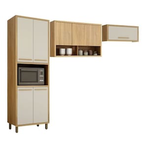 Conjunto Armário de Cozinha com Armário Paneleiro 4 Portas com Nicho e 2 Armários Aéreo Torino Cinamomo/Off White