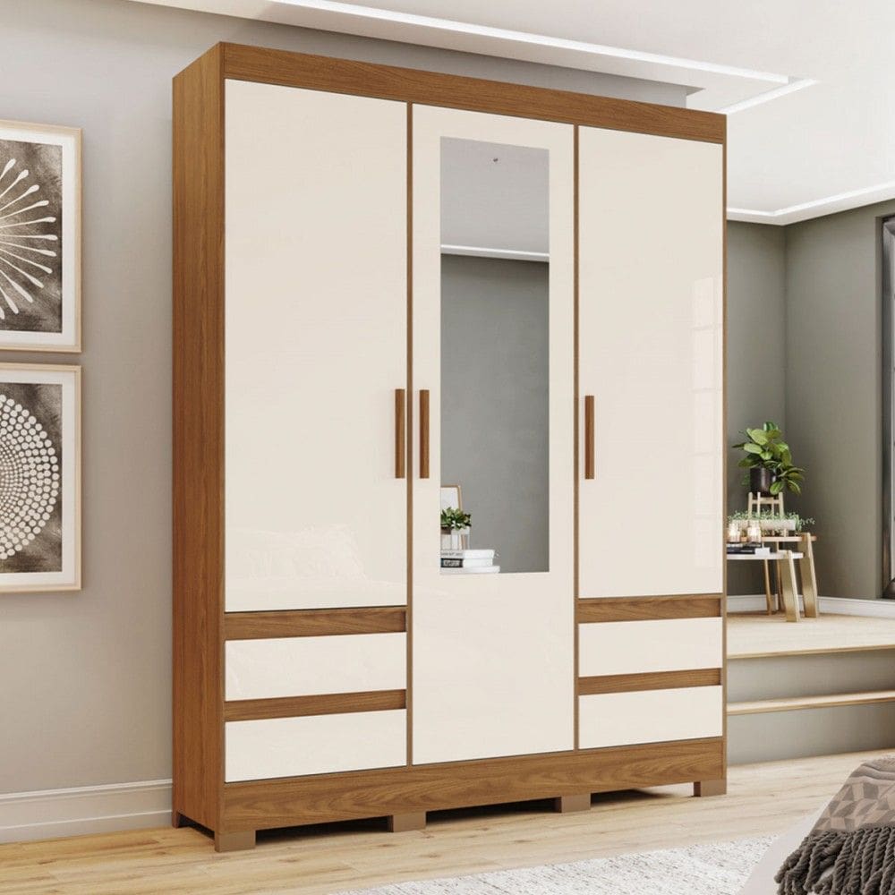 Guarda-Roupa Solteiro Lema 3 Portas 4 Gavetas com Espelho Nature/Off White - Henn