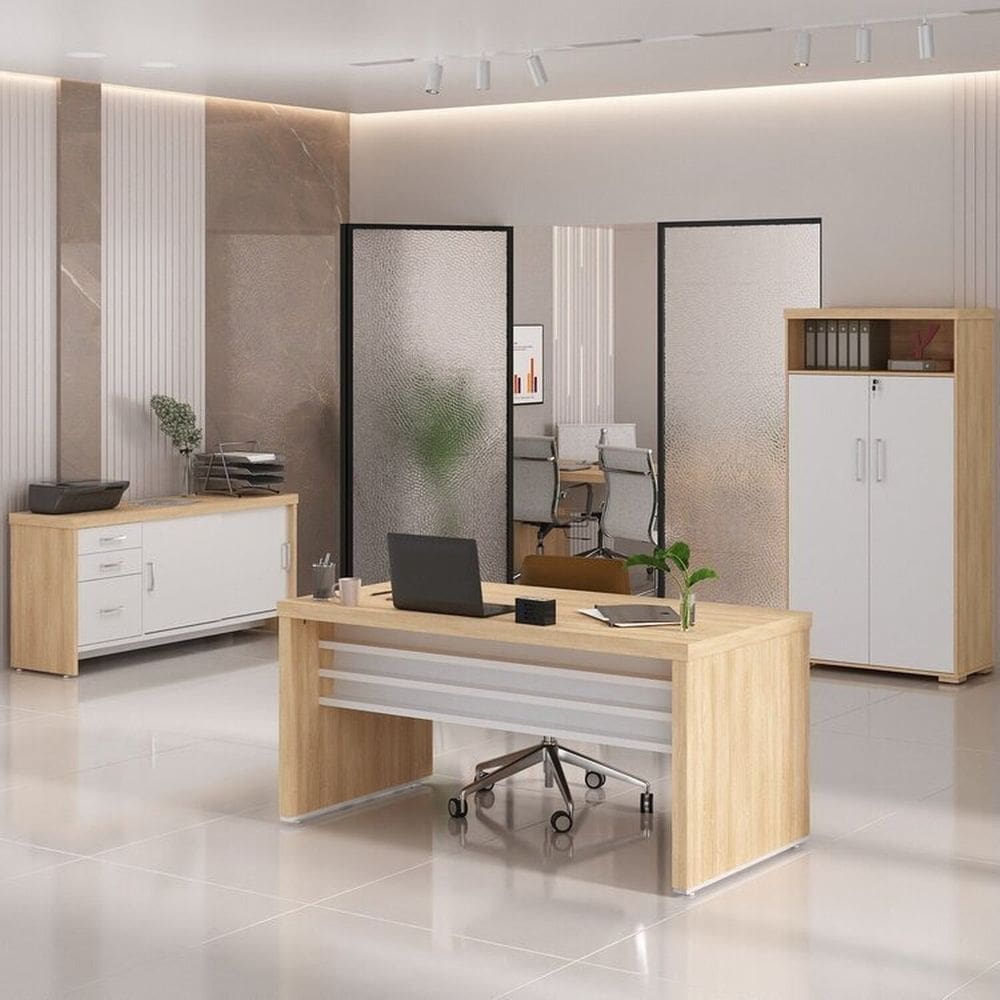 Conjunto para Escritório 3 Peças Mesa Tamburato 1600 Armário com Nicho e Balcão com Gavetas Carvalho/Branco