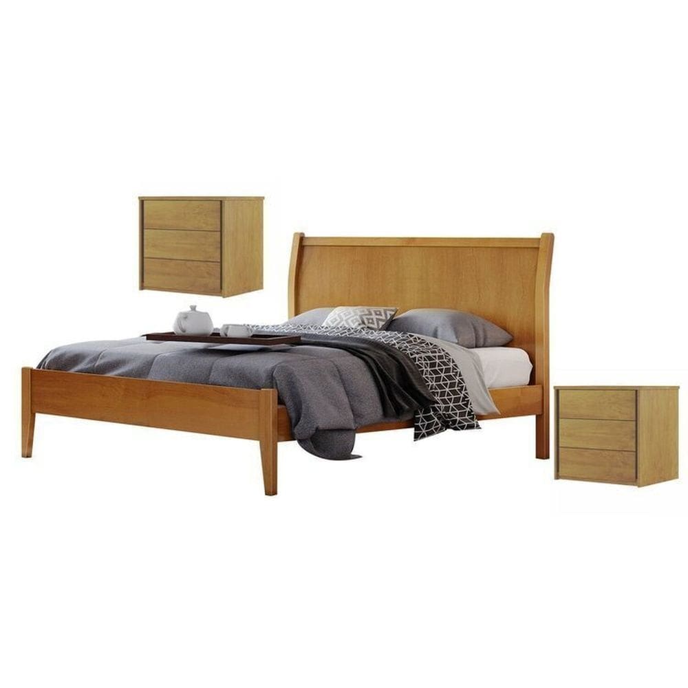 Conjunto Quarto de Casal Cama 140cm e 2 Mesas de Cabeceira 3 Gavetas Amêndoa Mel
