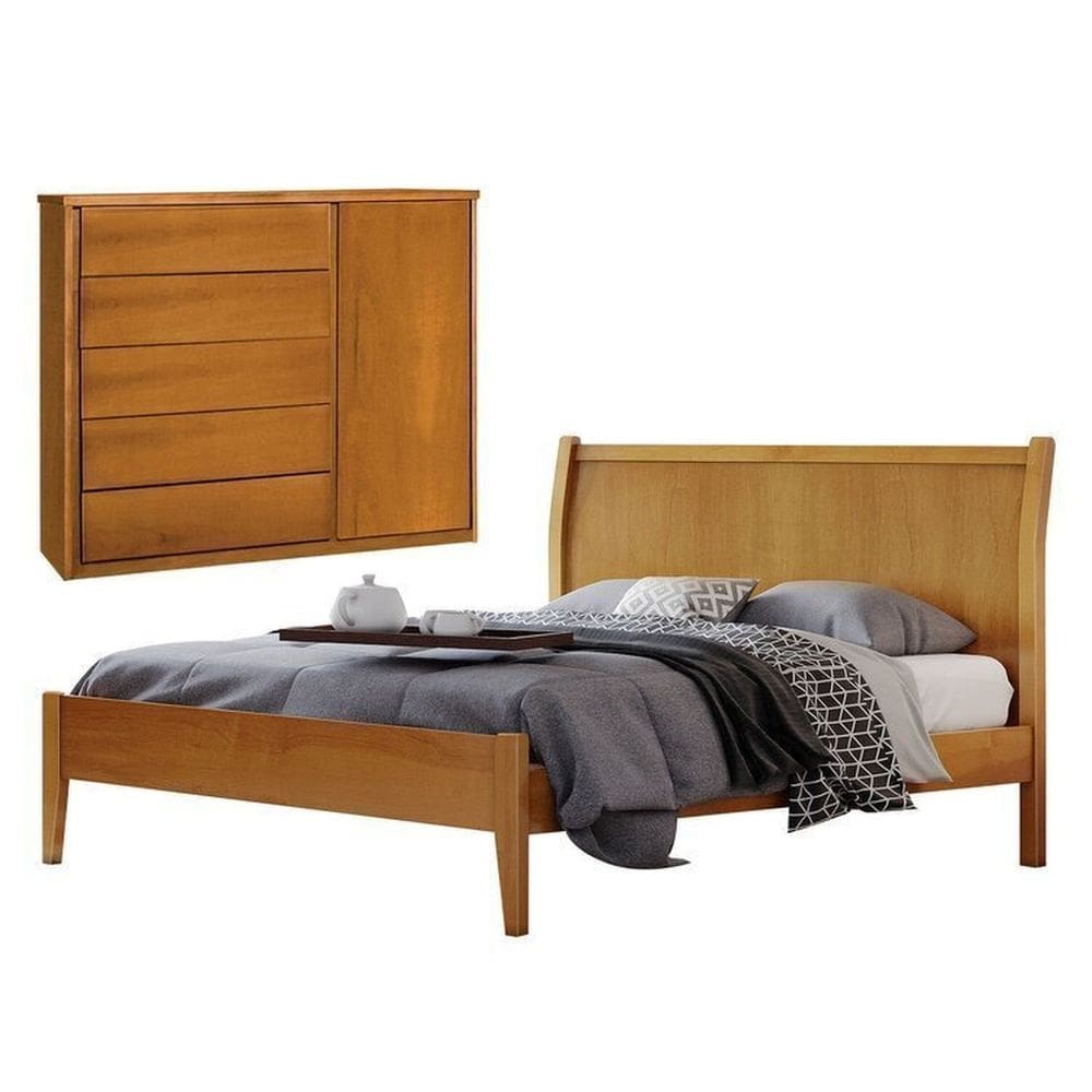 Conjunto Quarto de Casal Cama Queen 160cm e Cômoda 5 Gavetas com Sapateira Amêndoa Mel
