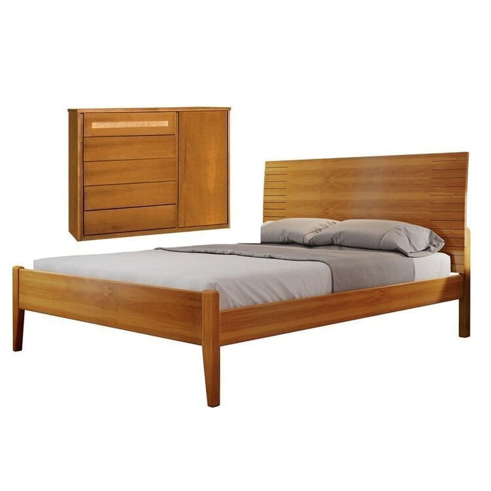 Conjunto Quarto de Casal Cama 140cm e Cômoda 5 Gavetas com Sapateira Ratam Unique Amêndoa Mel