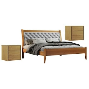 Conjunto Quarto de Casal Cama Vivare140cm e 2 Mesas de Cabeceira 3 Gavetas Unique Amêndoa Mel/Cinza Claro