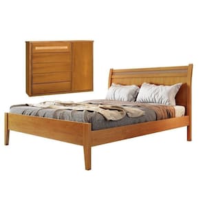 Conjunto Quarto de Casal Cama Queen e Cômoda 5 Gavetas com Sapateira e Detalhes Rattan Unique Amêndoa Mel