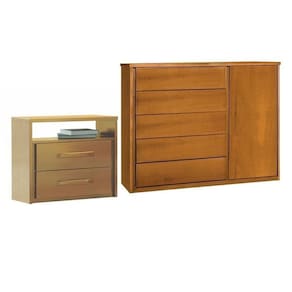 Conjunto Cômoda 5 Gavetas com Sapateira Unique e Mesa de Cabeceira 2 Gavetas Unique Amêndoa Mel