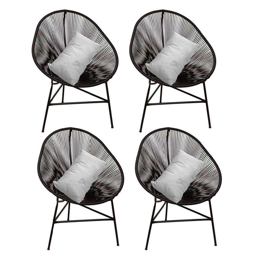 Kit 04 Poltrona Cadeira Acapulco Plus com Almofada Quadrado Preto Tecido Sintético Branco - Ahazzo Móveis