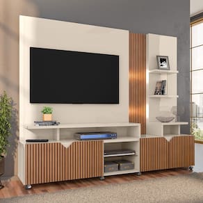 Estante Home Cross Off White/Tauari Ripado para TVs até 55 Polegadas 4 Portas, Luzes LED embutidos, Prateleiras e Rodízios Lukaliam