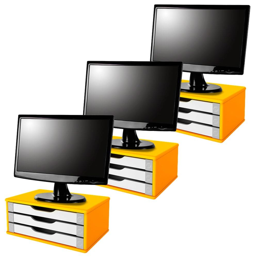 Conj com 3 Suportes para Monitor em MDF Amarelo com 3 Gavetas Brancas Souza Referência 3356