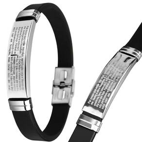 Pulseira Prata Placa Aço Inox Masculina Silicone Pai Nosso