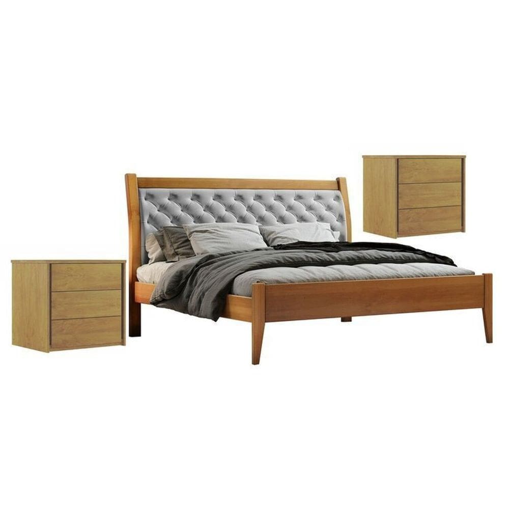 Conjunto Cama Casal Queen 160cm Vivare e 2 Mesa de Cabeceira 3 Gavetas Unique Amêndoa Mel/Cinza Claro