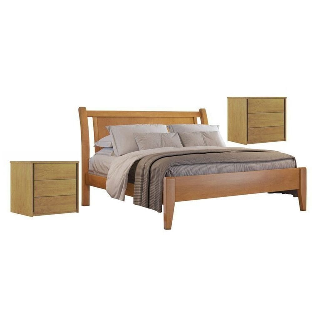 Conjunto Quarto de Casal Cama Madeira Maciça de 140cm e 2 Mesas de Cabeceira 3 Gavetas Unique Amêndoa Mel