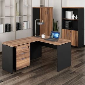 Mesa de Escritório em L com Gaveteiro, Armário Estante e Armário Fechado Espresso Móveis Marrom/Preto