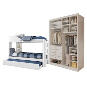 Conjunto Treliche Solteiro Siena e Closet Casal sem Portas 4 Gavetas Bergame Branco