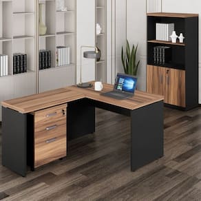 Mesa de Escritório em L com Gaveteiro e Armário Estante Espresso Móveis Marrom/Preto
