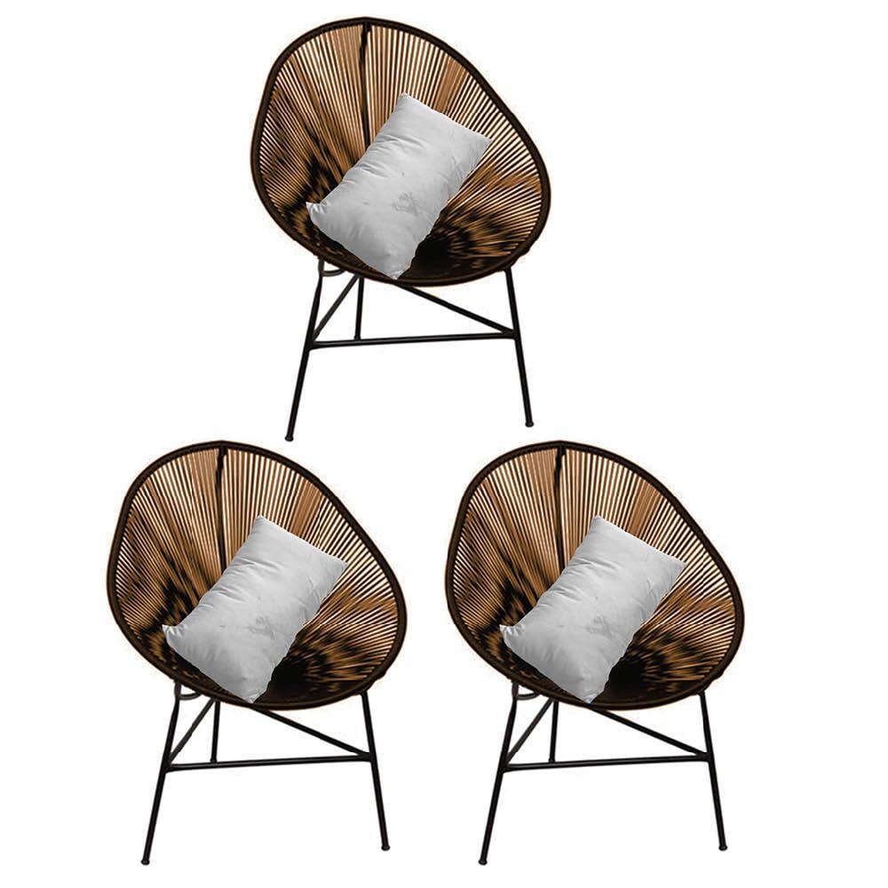 Kit 03 Poltrona Cadeira Acapulco Sala Jardim Varanda Marrom Com Almofada Quadrada Tecido Sintético Branco - Ahazzo Móveis