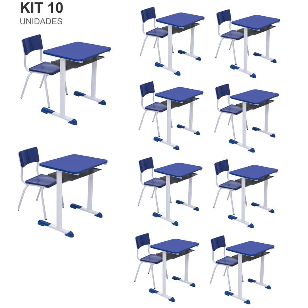 Kit 10 Conjuntos Escolar Individual Juvenil/Adulto com porta Livros cor Azul