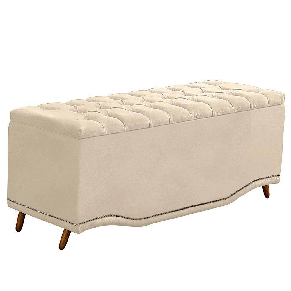 Calçadeira Baú King Size Estofada Maitê Veludo Bege