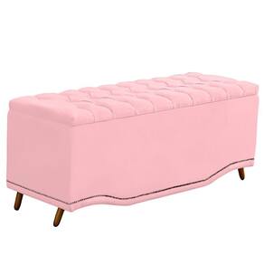 Calçadeira Baú King Size Estofada Maitê Veludo Cor Rosa Bebe