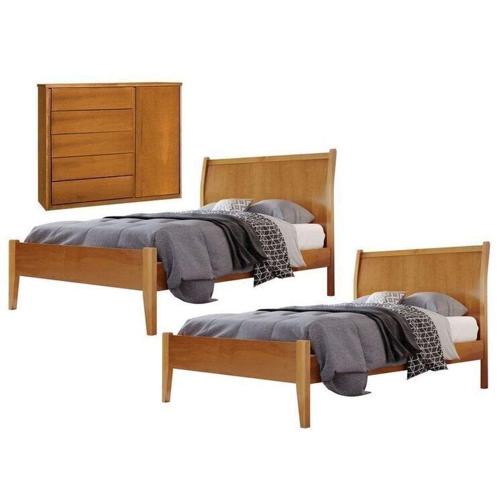 Conjunto Quarto de Solteiro 2 Camas e Cômoda 5 Gavetas com Sapateira Amêndoa Mel