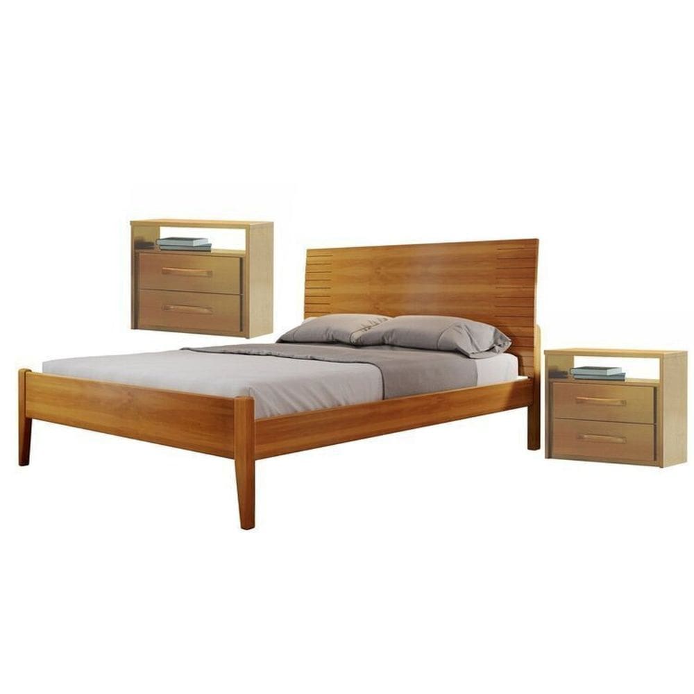 Conjunto Quarto de Casal Cama Queen Madeira Maciça e 2 Mesas de Cabeceira 2 Gavetas Unique Amêndoa Mel