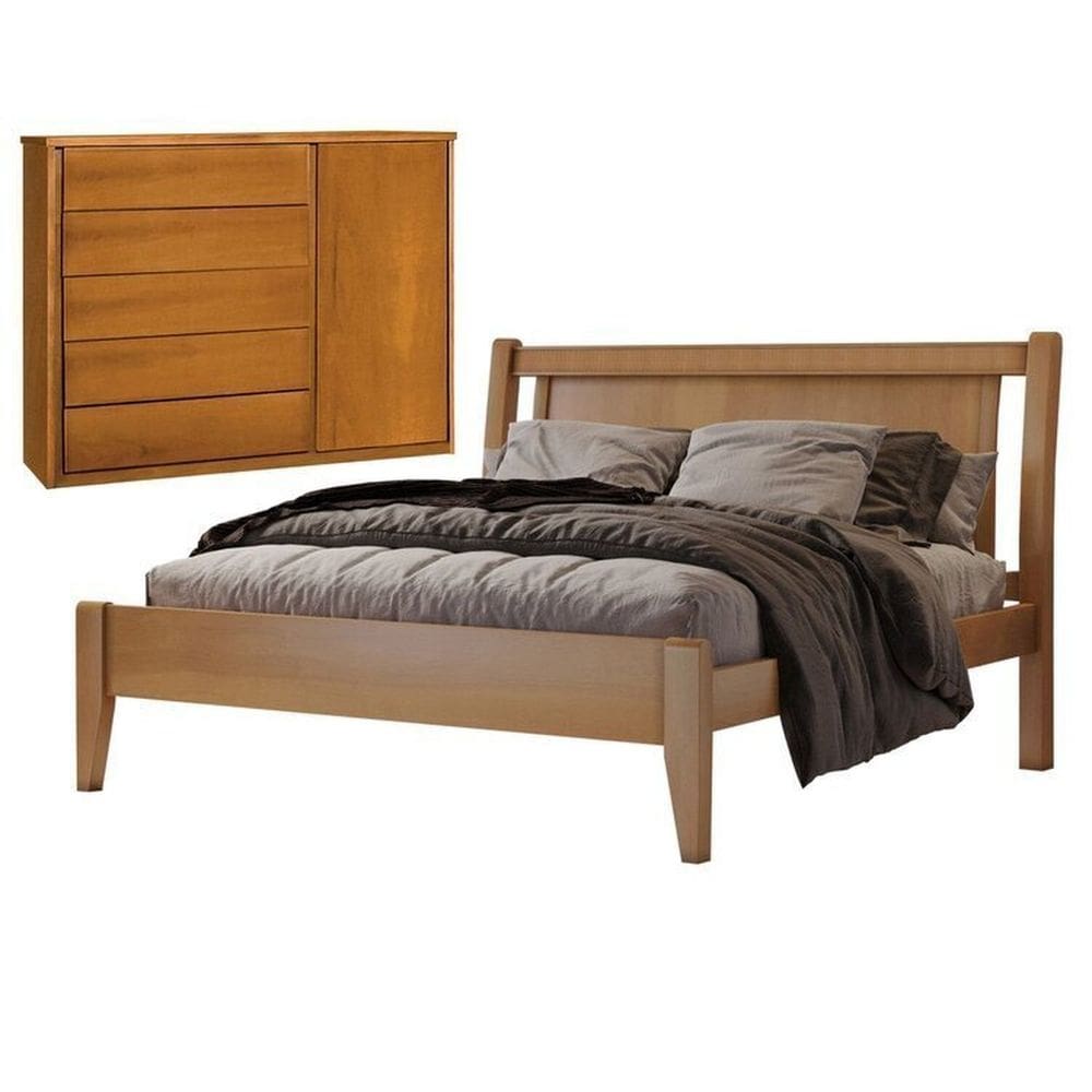 Conjunto Cama de Casal em Madeira Maciça 140cm Florença e Cômoda 5 Gavetas com Sapateira Unique Amêndoa Mel