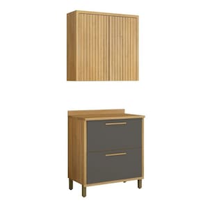 Conjunto de Armário Aéreo para Cozinha 80cm 2 Portas Ripado e Balcão 2 Portas 80cm Torino Cinamomo/Grafite
