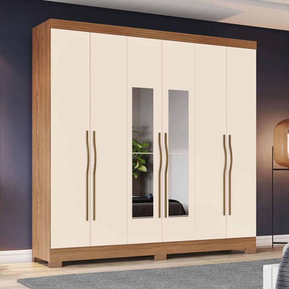 Guarda-Roupa Casal 6 Portas e 2 Gavetas com Espelho B368 Nature/Off White - Briz