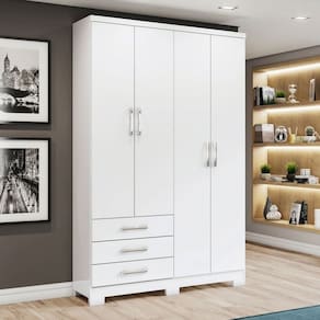 Guarda-Roupa Solteiro Caju 4 Portas 3 Gavetas Branco - Henn