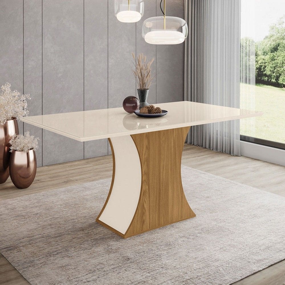 Mesa de Madeira Luiza com Vidro Nature/Off White - Henn