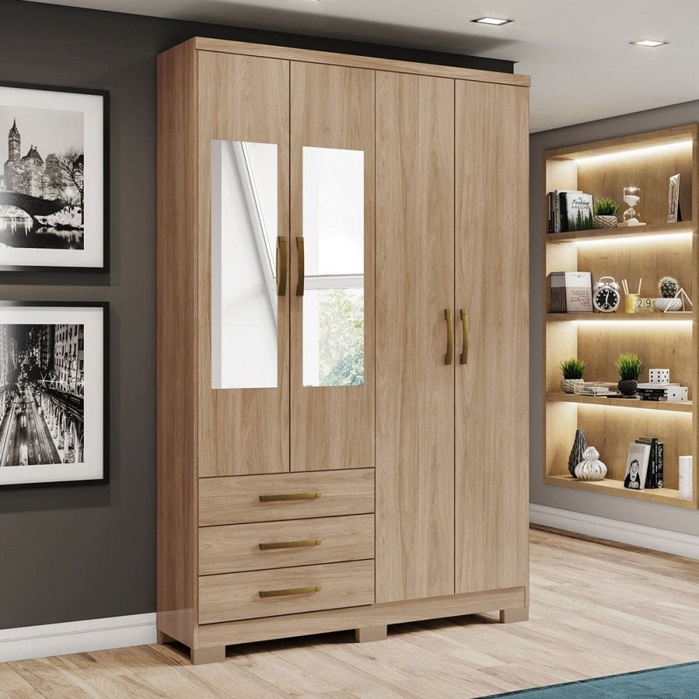 Guarda-Roupa Solteiro Caju 4 Portas e 3 Gavetas com Espelho Jequitibá - Henn