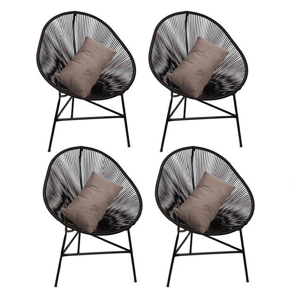 Kit 04 Poltrona Cadeira Acapulco Plus com Almofada Quadrado Preto Corino Bege - Ahazzo Móveis