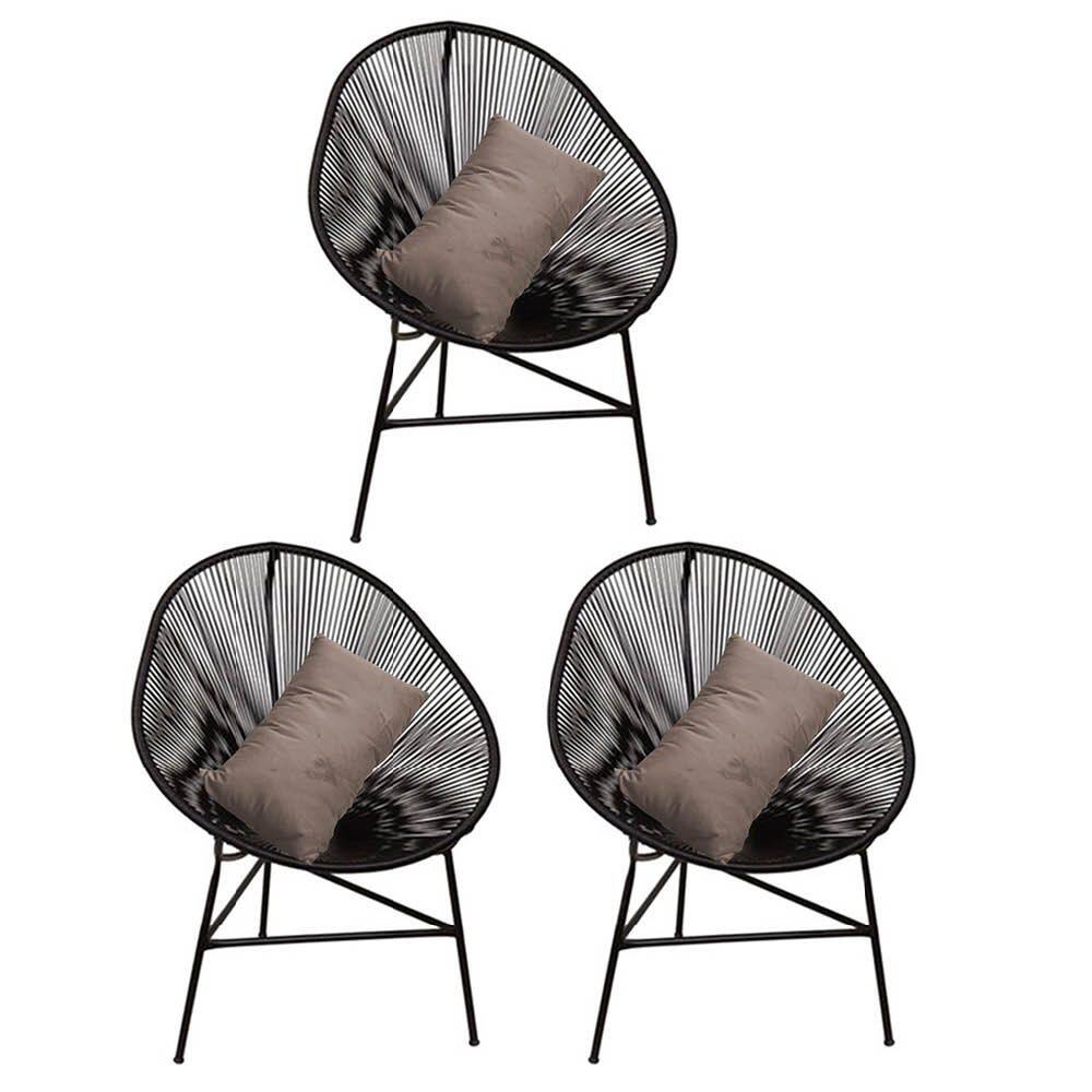 Kit 03 Poltrona Cadeira Acapulco Plus com Almofada Quadrado Preto Suede Bege - Ahazzo Móveis