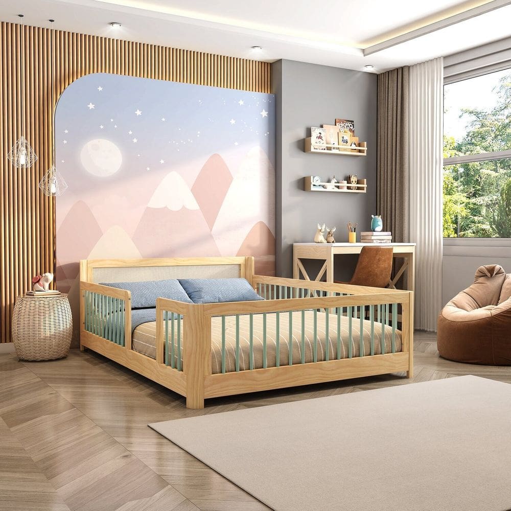Cama Infantil Casal Montessoriano Wave com Rattan Casatema Verde/Natural
