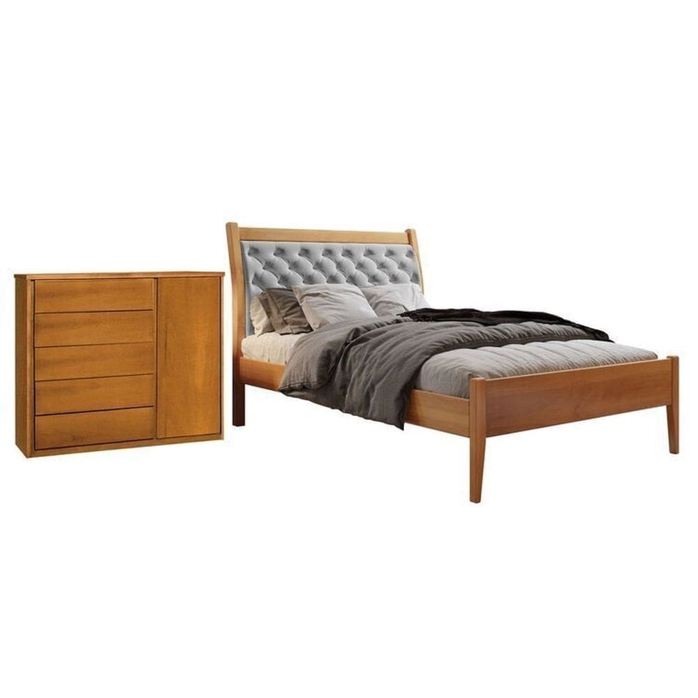 Conjunto Quarto de Solteiro Cama Vivare e Cômoda 5 Gavetas com Sapateira Amêndoa Mel/Cinza Claro