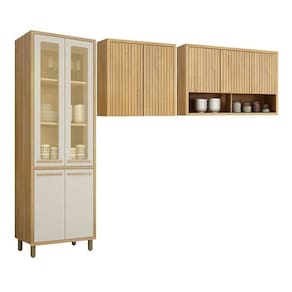 Conjunto de Cozinha Armário Paneleiro 4 Portas com Vidro e 2 Armários Aéreo Ripado Torino Cinamomo/Off White