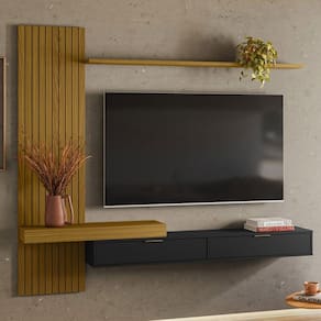 Painel para TV Até 65 Polegadas Italy 2 Portas Ripado Cedro Freijo/Preto - Olivar Móveis