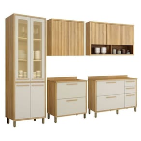 Conjunto Cozinha Completa Armário Paneleiro 4 Portas com Vidro 2 Armários Aéreo e 2 Balcões Torino Cinamomo/Off White