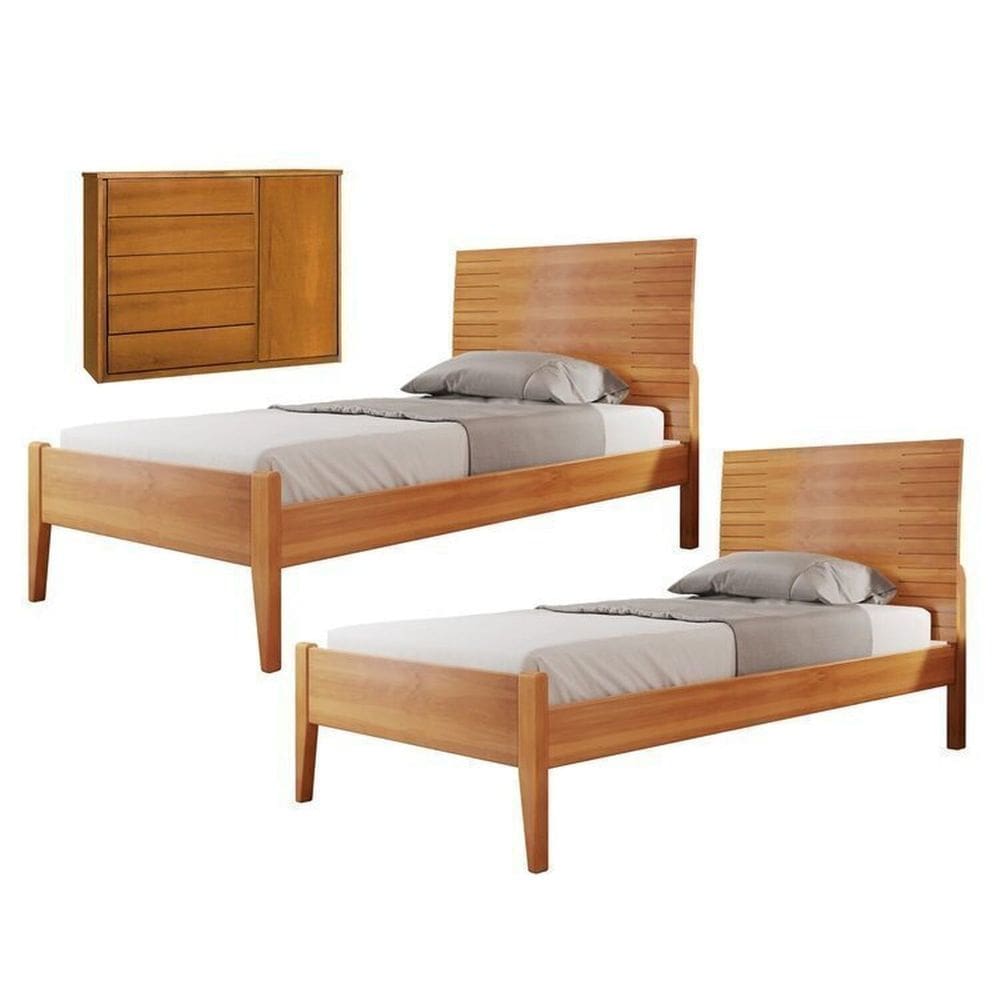 Conjunto Quarto de Solteiro com 2 Camas de 90cm e Cômoda 5 Gavetas com Sapateira Unique Amêndoa Mel