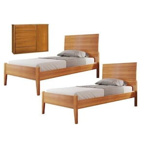 Conjunto Quarto de Solteiro com 2 Camas de 90cm e Cômoda 5 Gavetas com Sapateira Unique Amêndoa Mel