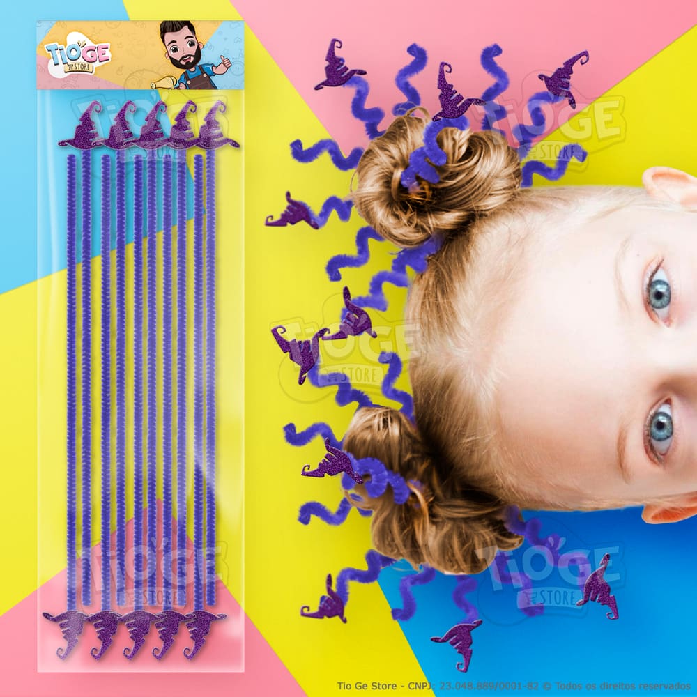 Cabelo Maluco Halloween Hastes Flexíveis de Pelúcia Chenille Eva Glitter Chapéu Bruxa Roxo 10 unid