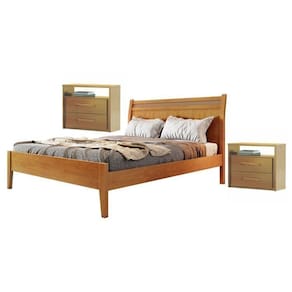 Conjunto Quarto de Casal Cama Queen em Madeira Maciça e 2 Mesas de Cabeceira 2 Gavetas Unique Amêndoa Mel