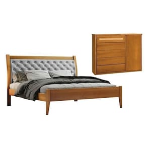 Conjunto Quarto de Casal Cama 140cm e Cômoda 5 Gavetas com Sapateira Rattam Amêndoa Mel/Cinza Claro