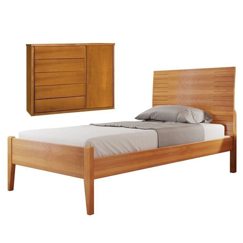 Conjunto Quarto de Solteiro Cama Solteiro 90cm e Cômoda 5 Gavetas com Sapateira Unique Amêndoa Mel