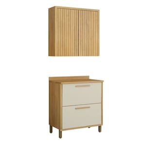 Conjunto de Cozinha Armário Aéreo 80cm 2 Portas Ripado e Balcão 2 Portas 80cm Torino Cinamomo/Off White