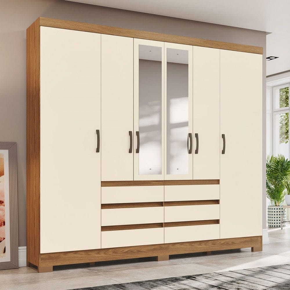 Guarda Roupa Casal 6 Portas e 6 Gavetas com Espelho B355 Nature/Off White - Briz